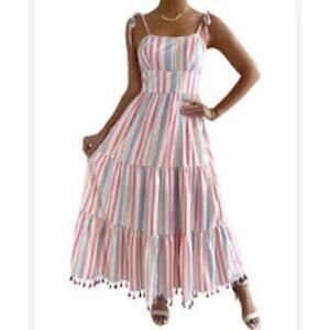 Chickwish Rainbow Stripe Maxi Dress Womens L Tiered Tassel Hem Sundress NWT